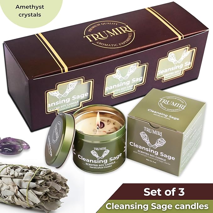 Sage Candle for Cleansing House Negative Energy - Pack of 3 x 5oz Soy Wax Natural Clean Organic Non Toxic - Aromatherapy Spiritual Meditation Gifts - Long Lasting Highly Scented Candel with Crystals TRUMIRI
