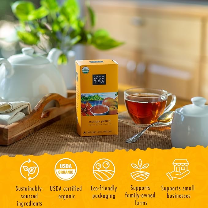Hawaiian Natural Tea Mango Peach Flavored Organic Tea - Tropical Fruit Green and Black Tea Blend - Perfect Daily Cup & Gift for Special Occasions - 120 Tea Bags - Bloomnest