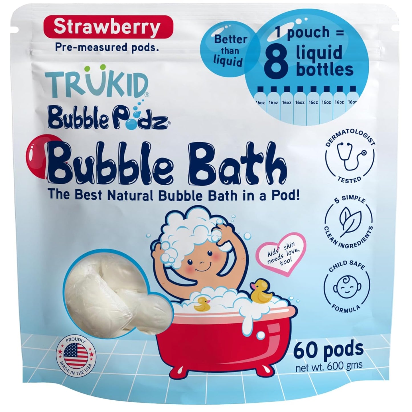 TruKid Bubble Podz Bubble Bath for Kids, Toddlers, & Babies, Tear Free Gentle & Refreshing Bath Bomb for Sensitive Skin with Natural Moisturizers, Non-Toxic, pH Balanced, Strawberry Scent (60 Podz)
