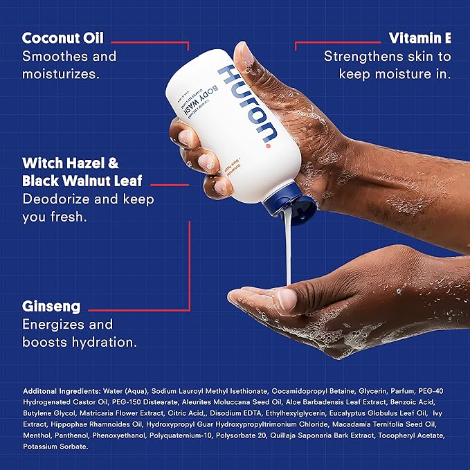 Huron Men’s Moisturizing Body Wash - Clean & Woody Scent of Sandalwood, Black Pepper, Cedarwood, & Amber - Made With Coconut Oil, Vitamin E & Witch Hazel - Vegan, Cruelty-Free - 12.2 fl oz (2 Pack) - Bloomnest