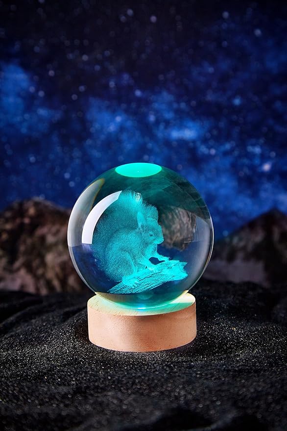 3D Large Squirrel Crystal Ball Night Light with Wooden Base, Crystal Lamp Gift for Kids Friends, 16 Color Changing with Remote Control, Laser Engraved 3.15 inch Glass Ball Lamp (Squirrel) - Bloomnest