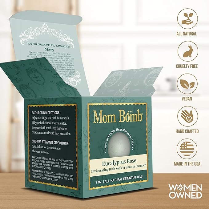Mom Bomb Eucalyptus Rose Bath Bomb – Essential Oils, Clean Ingredients – Relaxing Aromatherapy Fizz, Skin-Softening – Made in USA - Gift for Women 7 Ounce - Bloomnest
