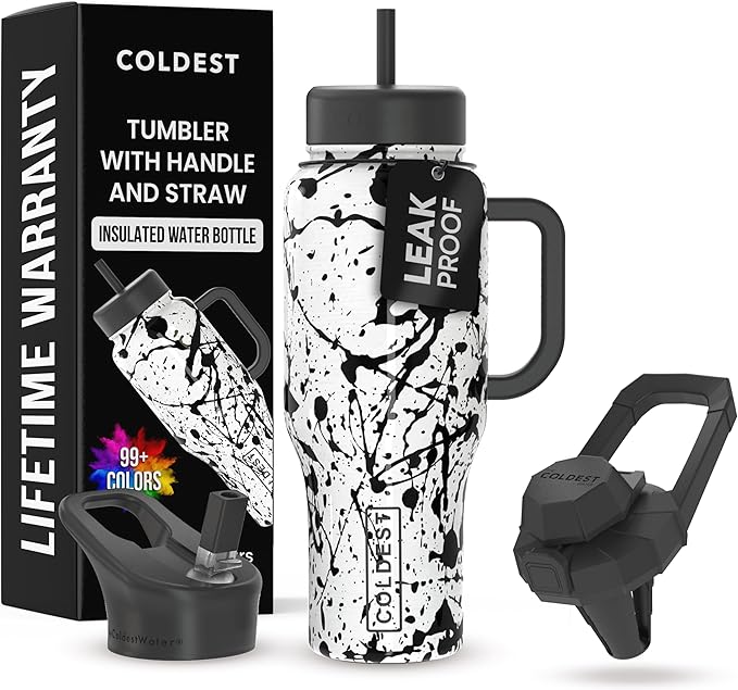 Coldest Tumbler with Handle and Straw - 100% Leak Proof Insulated Tumbler with Lid and Straw (3 Lids) - Stainless Steel Tumblers for Women & Men - Cup Holder Friendly Base, 36 oz (Dark Matter) - Bloomnest