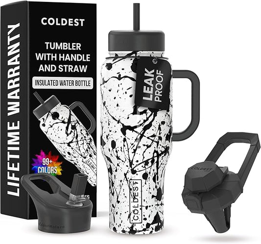 Coldest Tumbler with Handle and Straw - 100% Leak Proof Insulated Tumbler with Lid and Straw (3 Lids) - Stainless Steel Tumblers for Women & Men - Cup Holder Friendly Base, 36 oz (Dark Matter) - Bloomnest