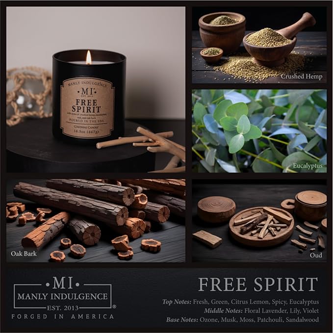 Manly Indulgence Free Spirit Scented Candles for Men, 16.5 oz Single Wick, Premium Soy Blend Wax, 60H Burn, Candles for Home Scented – Made in The USA - Bloomnest