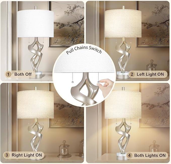 Scenekoy Sculptural Resin Table Lamp Set of 2 with USB Ports for Bedroom Living Room, 26” Antique Silver Leaf Dual Pull Chains Bedside Lamps, Nightstand Lamp for Home Room Decor (Bulbs Included) - Bloomnest