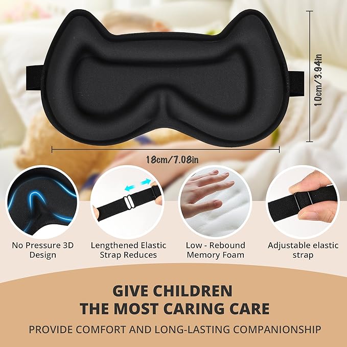 3D Kids Sleep Eye Mask: 3D Contoured Cup Sleeping Masks, Blindfold Sleep Eye Cover with Adjustable Strap, Memory Foam Lightweight Night Eyeshade for Boys Girls Teens (Black) - Bloomnest
