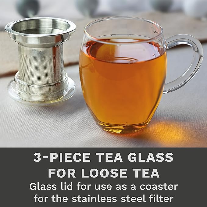 Creano Tea Glass with Stainless Steel Infuser and Glass Lid - 14oz (400ml) - Bloomnest