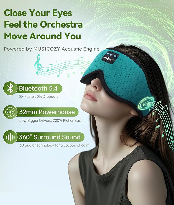 MUSICOZY Sleep Headphones Breathable Bluetooth Headband 3D Sleeping Headphones, Wireless Music Eye Mask Sleep Earbuds for Side Sleeper Women,Men Office Air Travel Cool Tech Gadgets Unique Gifts Green - Bloomnest