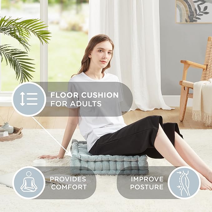 Codi INNA Floor Cushions for Adults, Cute Pillows Seating for Meditation, Square Tufted Chenille Cushion, Living Room, Fireplace, Reading Nook, Aqua 2 Pack