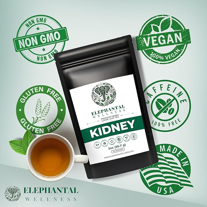 Elephantal Wellness Premium Kidney Herbal Tea | Urinary Tract & Kidney Support with Dandelion, Gravel Root, Goldenrod & Marshmallow | Handmade, Caffeine-Free, Non-GMO Loose Leaf Blend, 2oz, 20 Servings - Bloomnest