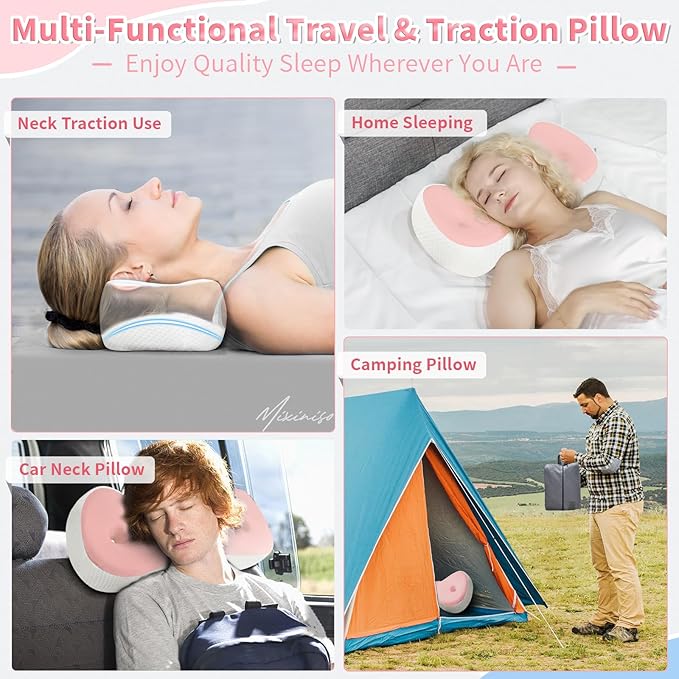 Neck Support Pillow, Cervical Neck Roll Memory Foam Pillow, Cervical Traction Device, Neck Pillow for Side Sleepers, Camping & Travel Pillow with Portable Bag - Bloomnest