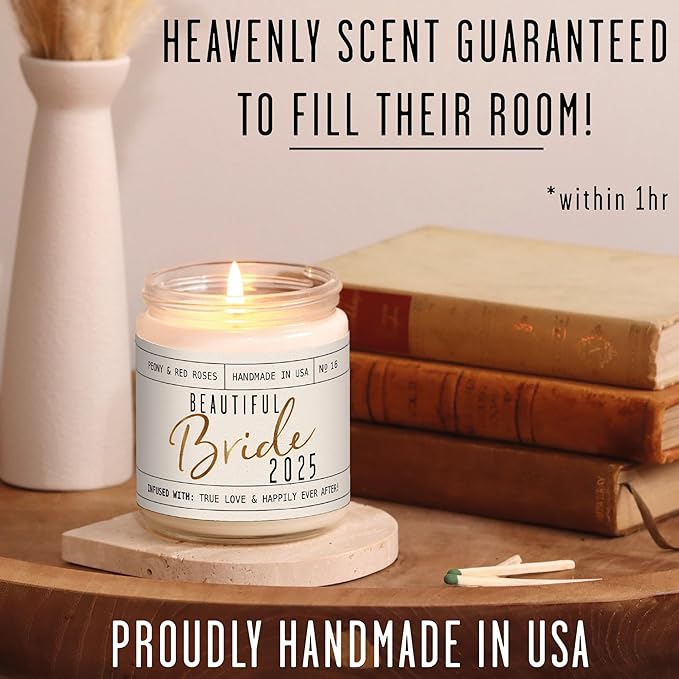 Bridal Shower Gifts, Bride Gifts for Bride to Be - 'Beautiful Bride 2025' Soy Wedding Candle, w/Peony Wedding Bouquet - infused w/Essential Oils I Bachelorette Gifts for Bride I 50Hr Burn, USA Made - Bloomnest
