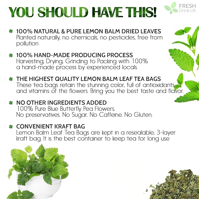 FreshDrinkUS, Lemon Balm Tea Bags | 75 Count |100% Pure Melissa officinalis – Naturally Calming Herbal Tea | Caffeine-Free, Premium Quality, Refreshing Flavor, Sustainably Sourced - Bloomnest