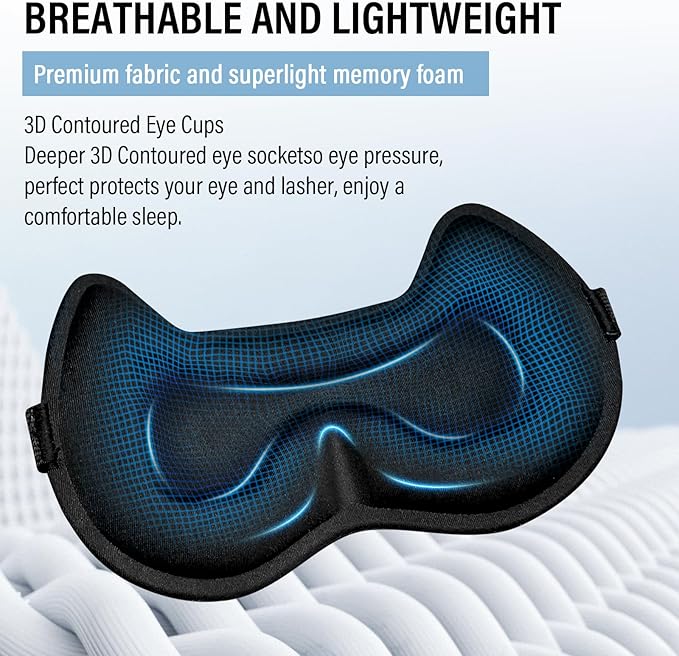 Sleep Eye Mask for Women Men, 100% Blackout 3D Contoured Cup Sleeping Mask with Adjustable Strap, Soft Breathable Memory Foam Blindfold, No Eye Pressure Eye Cover Eyeshade for Night Sleep(Black) - Bloomnest