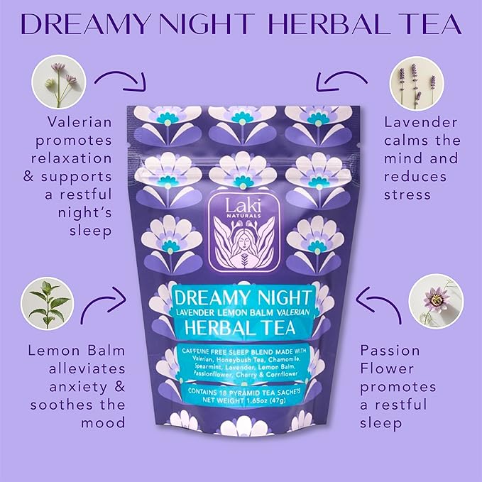 Dreamy Night Sleep Tea (1.65 oz, Pack of 18 Tea Bags) – Sleepytime Calming Caffeine Free Tea Herbal Blend with Valerian Root, Chamomile, Lemon Balm, Passionflower and Lavender for Bedtime - Bloomnest