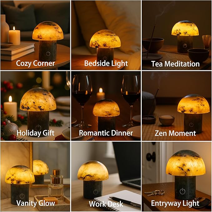 Handcrafted Onyx Mushroom Lamp - 4.3" x 4.7" Natural Marble Stone Night Light with 3-Level Brightness, Rechargeable Touch LED Accent Light for Bedroom, Office, Gift - Bloomnest