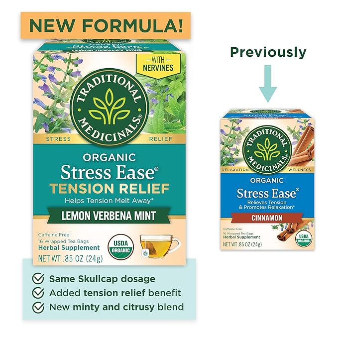 Traditional Medicinals Organic, Stress Ease Tension Relief, Lemon Verbena Mint Tea - Supports Stress Relief - Kosher, Non-GMO, Caffeine-Free, Compostable - 16 Count (Pack of 2) - Bloomnest