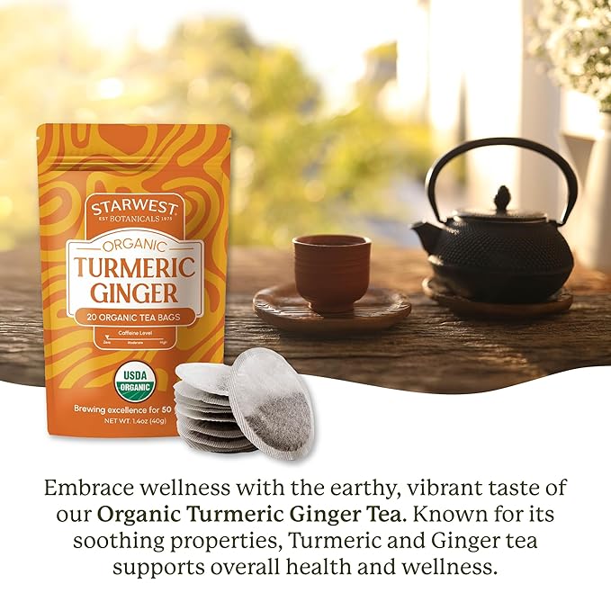 Starwest Botanicals Organic Turmeric Ginger Tea - Caffeine Free Herbal Tea with Turmeric, Cinnamon, & Ginger, Tea with Antioxidant Properties, String Free Sachets, Non GMO - 20 Tea Bags - Bloomnest
