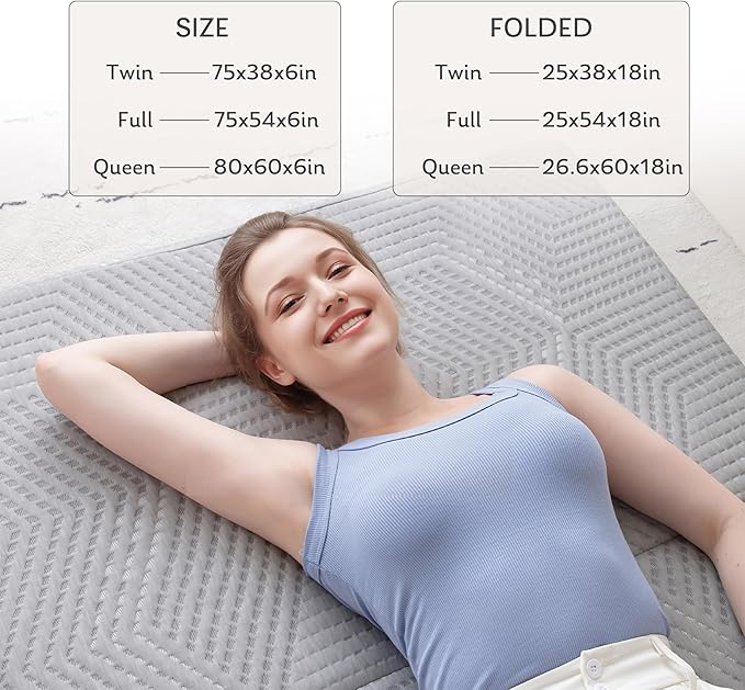 Tri-Fold Memory Foam Mattress, 6 inch Full Folding Topper with Collapsible and Washable Cover, Travel and Guest Mat, 75"×54"×6", Grey - Bloomnest