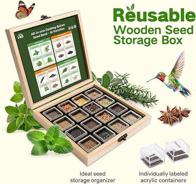Lush&Dew Culinary Herbs Kitchen Garden Heirloom Seed Bank, Gardening Gifts, 16 Varieties Non-GMO Seeds for Planting Herb in Raised Garden Beds Windowsill, Survival Seed Kit, Cooking Spices Basil Dill - Bloomnest