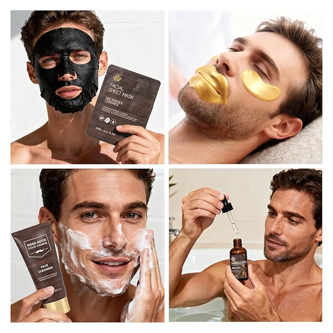 Christmas Gifts for Men, 30 Pcs Men Sandalwood Beard Grooming Set, Facial Skin Care Set, Bath & Body Gift Kit, Face Cleanser, Bath Bomb, Serum, Birthday, Valentines, Father Day, Husband, Holiday