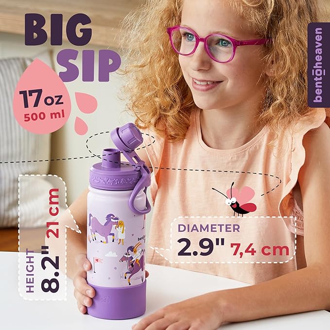Bentoheaven Kids Water Bottle Stainless Steel for Boys & Girls, 2 Lids (Chug & Straw), Handle & Silicone Boot, Reusable Metal Leak-proof Insulated Tumbler, School & Sports 17oz (Purple) - Bloomnest