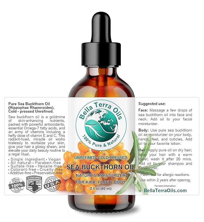 Bella Terra Oils - Organic Sea Buckthorn Oil 2 oz - Dive into Rich Essence of Organic Sea Buckthorn Berry, Packed with Vitamin C, E, & A, Omega-Fatty Acids Delight for Face - Bloomnest