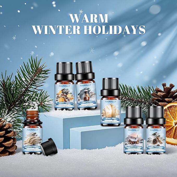 Winter Fragrance Oil Set, 6 Premium Holiday Essential Oils Set for Diffuser, Candle Making - Winter Spice, Winter Glow, Nutcracker, Warming Cashmere, Vanilla Pinecones, Snowkissed Lodge Scented Oil - Bloomnest