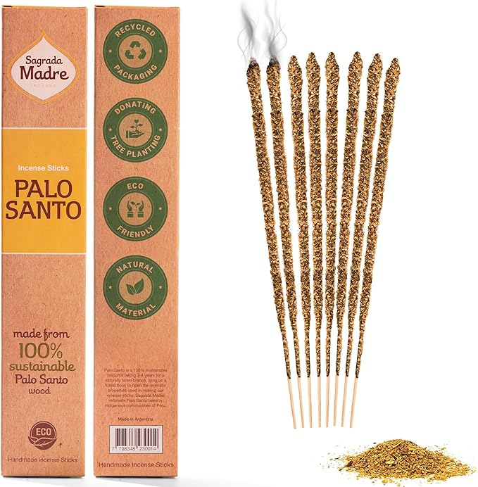 Sagrada Madre 8pcs Wildly Harvested Thick Palo Santo Incense Sticks (Champa), 9” Long - Eco Friendly, Non-Toxic, Aromatic Incense Sticks (1hr Burning Time) to Heal & Calm Your Body and Environment