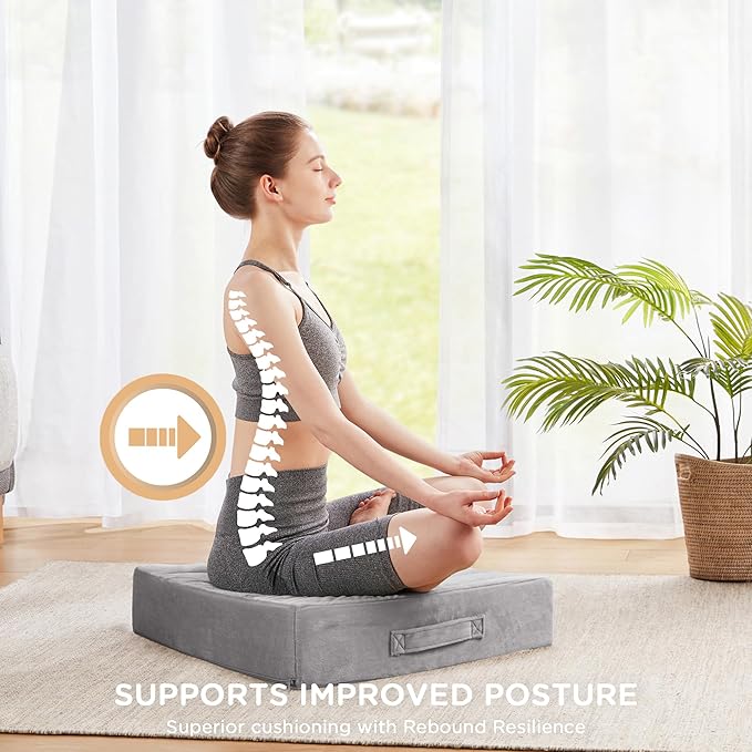 Codi Floor Cushions for Adults, Large Meditation Pillows with Thick Foam and Soft Tufted Covers, Washable Square Seating for Couch and Yoga Sitting, 22×22×5 inch Grey