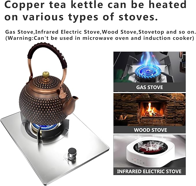 YJX 47.3oz Elegant Japanese Style Copper Tea Kettle For Stovetop Safe, Non-Coating Pure Copper Teapot with Stainless Steel Tea Ball For Loose Tea, Solid Tea Pot For 2-4 Cups (1400ml) - Bloomnest
