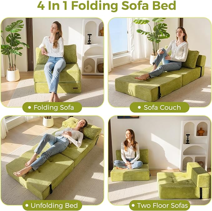 MAXYOYO Folding Sofa Bed, Convertible Sofa Bed with High-Density Support Foam, Portable 4 in 1 Fold Out Chair to Floor Lounger, Versatile Floor Couch for Living Room Bedroom, Green - Bloomnest