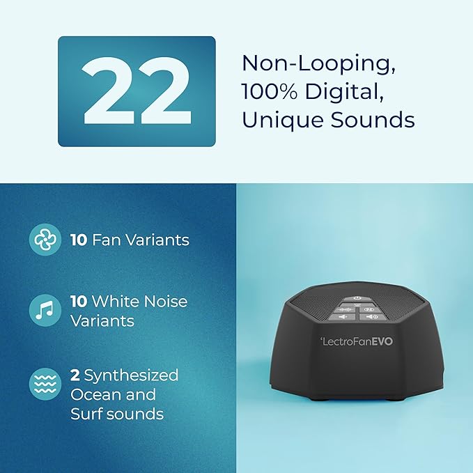 Adaptive Sound Technologies LectroFan EVO White Noise Machine - Compact Sleep Sound Machine for Bedroom, Travel, Study & More - 22 Non-Looping Fan, White & Ocean Noise Variations - Charcoal - Bloomnest