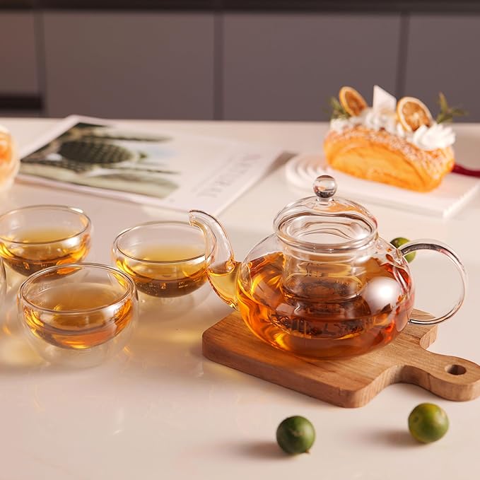 CNGLASS Glass Teapot Set,20oz Clear Tea Pot with 4 Double Wall Teacups,Stovetop Safe Tea Kettle,Blooming Loose Leaf Tea Maker Gift,Microwave Dishwasher Safe - Bloomnest