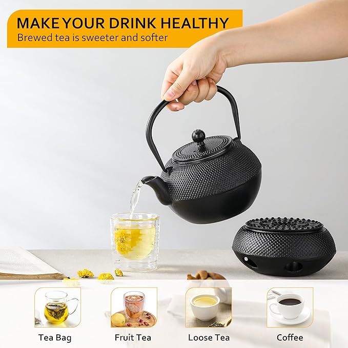 Velaze Cast Iron Teapot Set,1100 ml/37oz Japanese Teapot Heat Preservation with Warmer and Stainless Steel Infuser,Durable Cast Iron with Fully Enameled Interior,Beautiful Hammered Design - Bloomnest