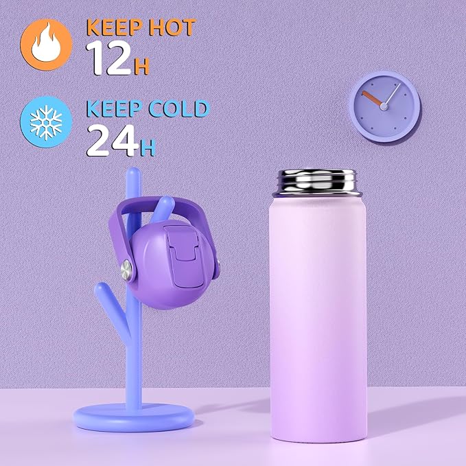 18oz Kids Insulated Water Bottle with Straw Lid - 18/8 Stainless Steel Kid Cup BPA-FREE Travel Tumbler Double Wall Vacuum Leak Proof Portable Toddler Water Bottle (Purple） - Bloomnest