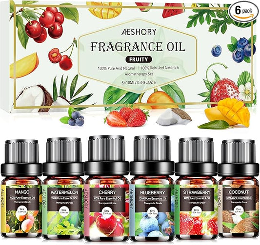Fruity Essential Oils Set - 6x10ML Fruit Fragrance Oil for Diffuser, Aromatherapy, Candle Making - Strawberry, Cherry, Blueberry, Mango, Coconut, Watermelon Scented Oil - Bloomnest
