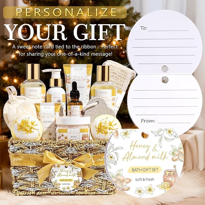 Birthday Gifts for Women, Honey & Almond Milk Relaxing Spa Gift Baskets for Women Self Care Package Bath Gift Set, Home Bath and Body Kit Pamper Valentines Day Gifts for Her Womens Mom Friends Sister - Bloomnest