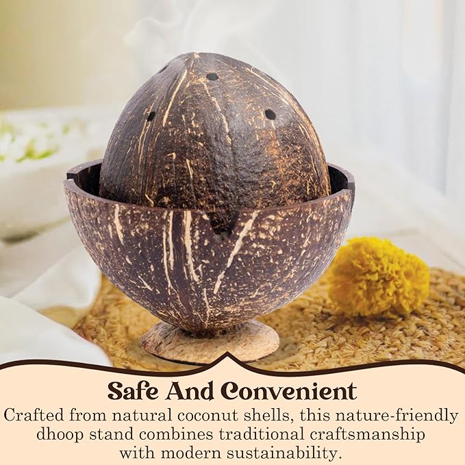 Handmade Coconut Shell DHOOP Stand – Eco-Friendly Natural Incense Holder Charcoal/Cone Burner, Sage Stand, Palo Santo Holder, Ash Catcher for Aromatherapy, Meditation, Yoga, Spiritual - Bloomnest