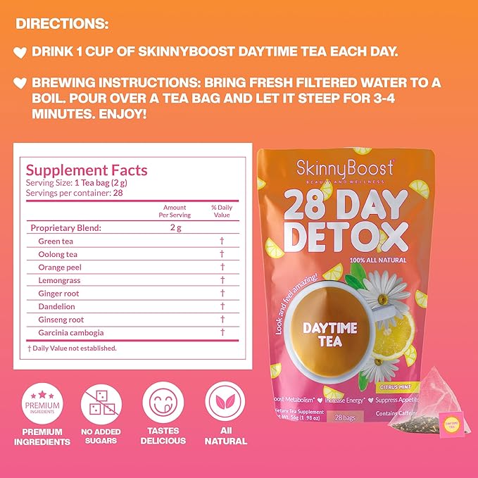 SkinnyBoost 28 Day Detox Tea Kit – Natural Cleansing & Bloating Support – 3 Pack - 28 Daytime Tea Bags & 14 Evening Tea Bags – Green Tea & Herbal Blend – Non-GMO, Vegan, Keto-Friendly, Sugar-Free - Bloomnest