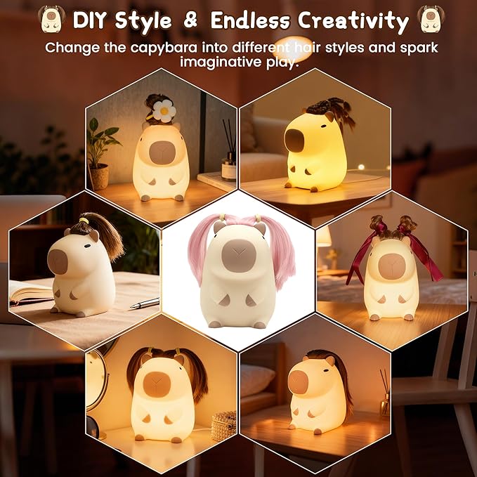 Cute Capybara Night Light with DIY Hairstyle ,Funny Squishy Silicone Animal Night Lamp, Dimmable/Timer Nursery Nightlight for Kids, Rechargeable Touch Bedside Lamp, Bedroom Decor, Baby Boys Girls Gift - Bloomnest