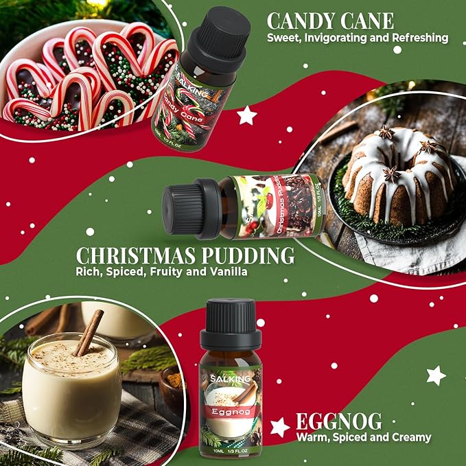 SALKING Christmas Fragrance Oils, Premium Essential Oil for Diffuser, Scented Oil Gift Set for Soap Candle Making - Christmas Wreath, Apple Cinnamon, Gingerbread, Candy Cane, Christmas Pudding, Eggnog - Bloomnest