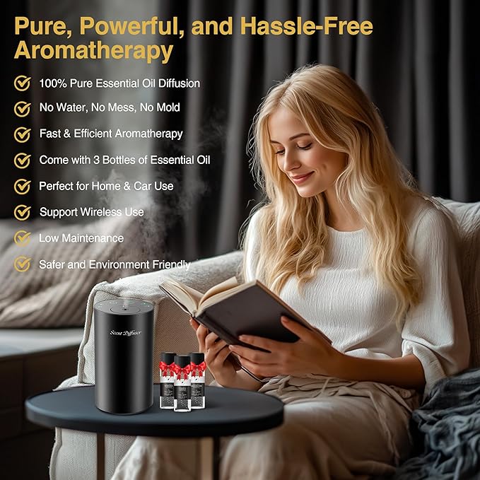 Waterless Essential Oil Diffuser Starter Kit - No Water Needed, Battery Operated Mini Scent Air Machine, Included 3x20ML Essential Oils, Portable Aromatherapy Diffuser for Home & Car, Black, 2Pack - Bloomnest