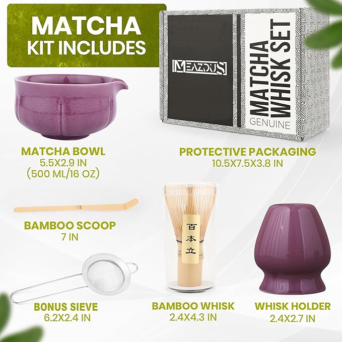 Matcha Whisk Set – 5 Piece Japanese Matcha Tea Set w/Ceramic Matcha Bowl, 100-Prong Bamboo Whisk & Holder, Scoop, & Stainless Sifter – Traditional Matcha Making Kit (Midnight Purple) - Bloomnest