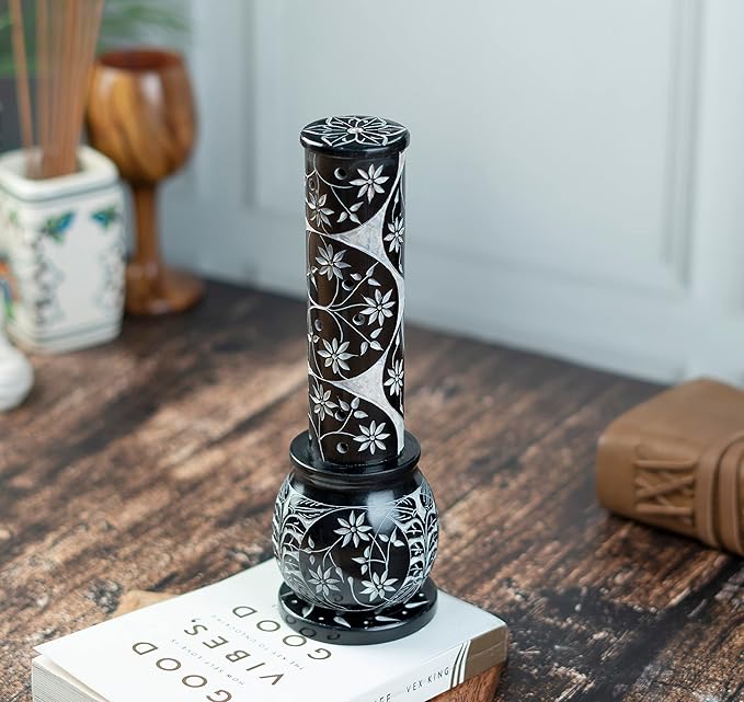 Crocon Black Marble Soapstone Incense Stick Burner Round Shape Flower & Leaf with Handi Design Tower Burner Candle Stick Holder Decorative Home & Kitchen 2.7x2.7x10 Inch