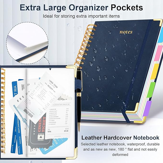 Hardcover Spiral Notebook 6.2"x 8.2" Journal Notebook with Tabs and Removable Dividers 300 Pages 5 Subject Notebook College Ruled, Faux Leather Spiral Bound Notebook for Women School Work(Dark Blue) - Bloomnest