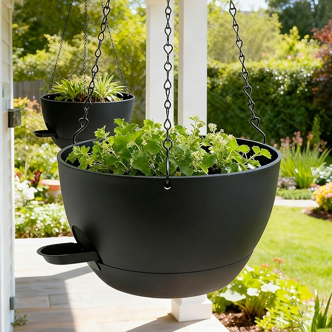 WOUSIWER Self Watering Hanging Planters, 2 Pack 10'' Plastic Pots with Drainage Holes & Reservoir Tray (Black) | Indoor & Outdoor Use for Ferns, Ivy, Herbs, Succulents - Bloomnest