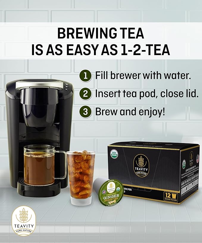 Green Tea & Ginger Tea Pods for Keurig - Caffeinated, Organic, Dye Free, Unsweetened, Herbal Blend for K Cup Machines - Hot or Iced (24 Tea Pods) - Bloomnest