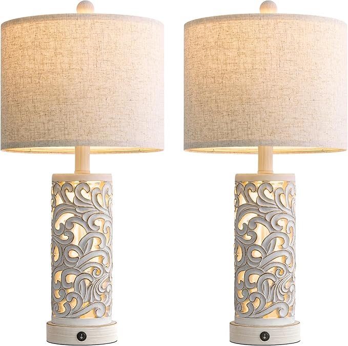 OYEARS 22'' Table Lamp Set of 2 for Living Room,Farmhouse Lamp for for Bedroom,Vintage Retro Bedside Lamps with USB Ports Linen Shade for Home Office (Wash White, Bulb Included) - Bloomnest